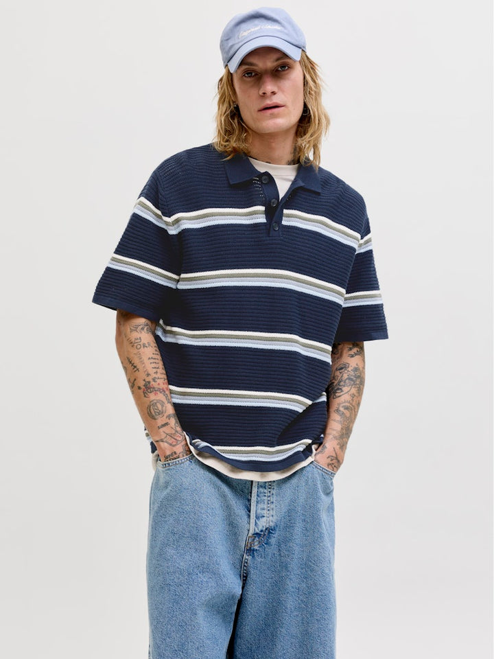Jormaine Knit Stripe Polo Sn - Blauw Dessin