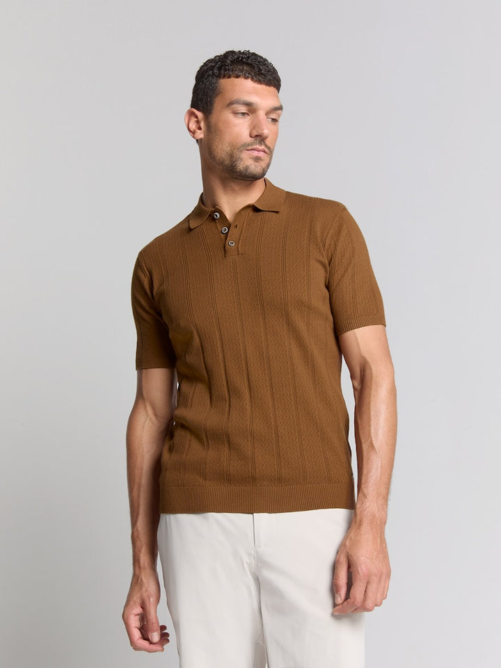 Pullover Short Sleeve Polo Button Solid Jacquard - Camel