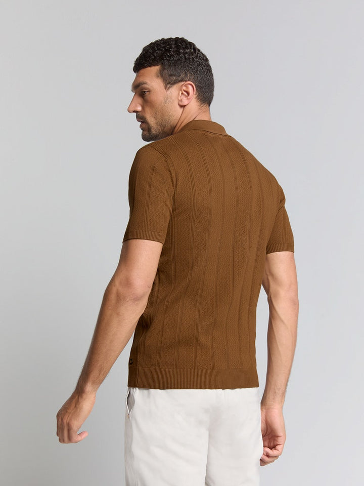 Pullover Short Sleeve Polo Button Solid Jacquard - Camel