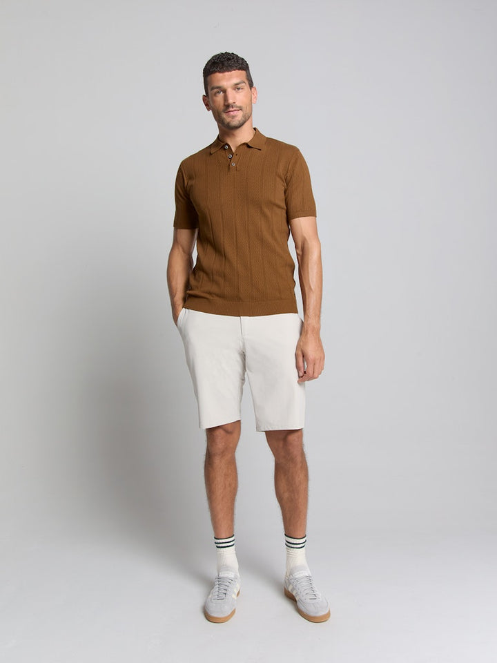 Pullover Short Sleeve Polo Button Solid Jacquard - Camel