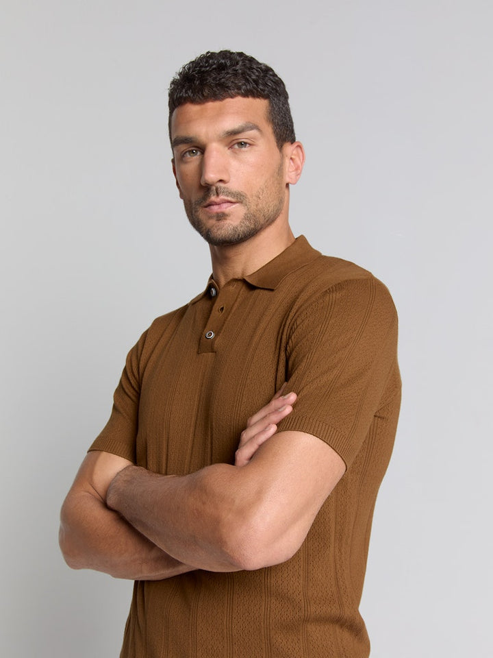 Pullover Short Sleeve Polo Button Solid Jacquard - Camel