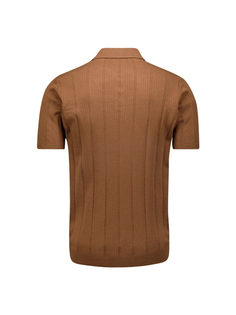 Pullover Short Sleeve Polo Button Solid Jacquard - Camel