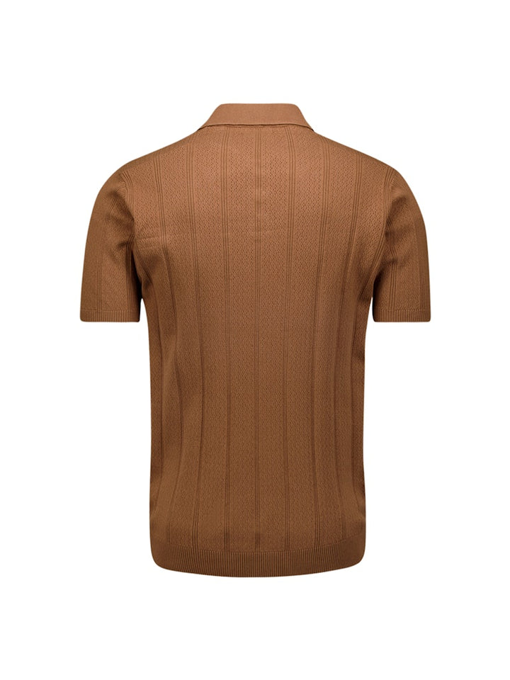 Pullover Short Sleeve Polo Button Solid Jacquard - Camel