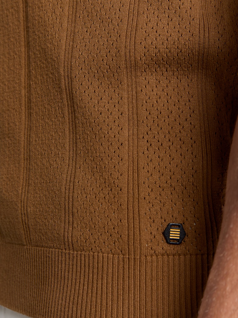 Pullover Short Sleeve Polo Button Solid Jacquard - Camel