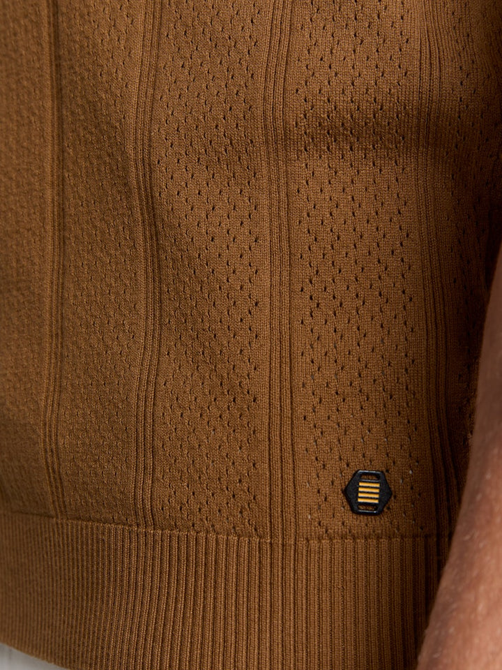 Pullover Short Sleeve Polo Button Solid Jacquard - Camel