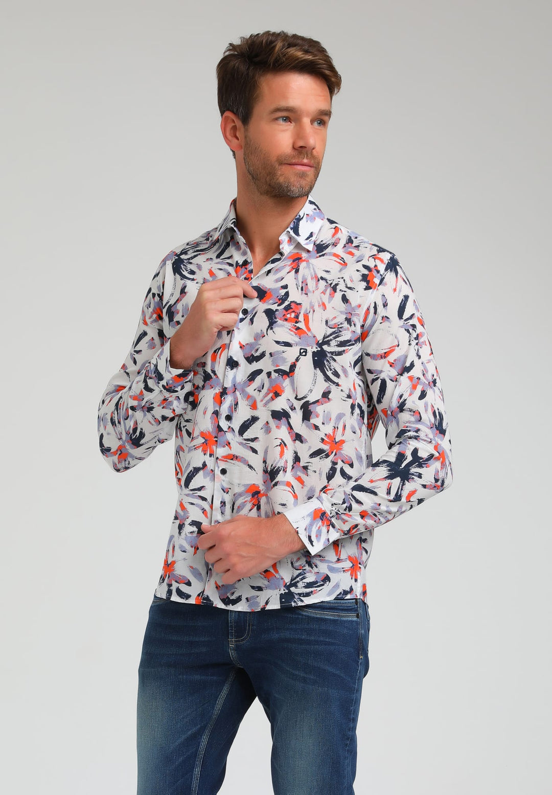 Gabbiano men overhemd l/m wit dessin – heren