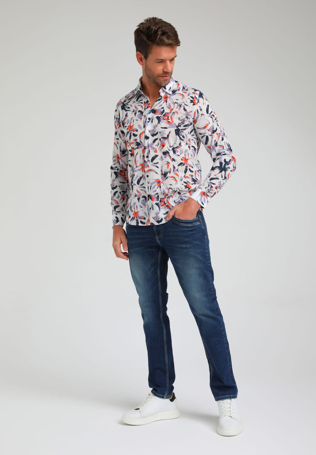 Gabbiano men overhemd l/m wit dessin – heren