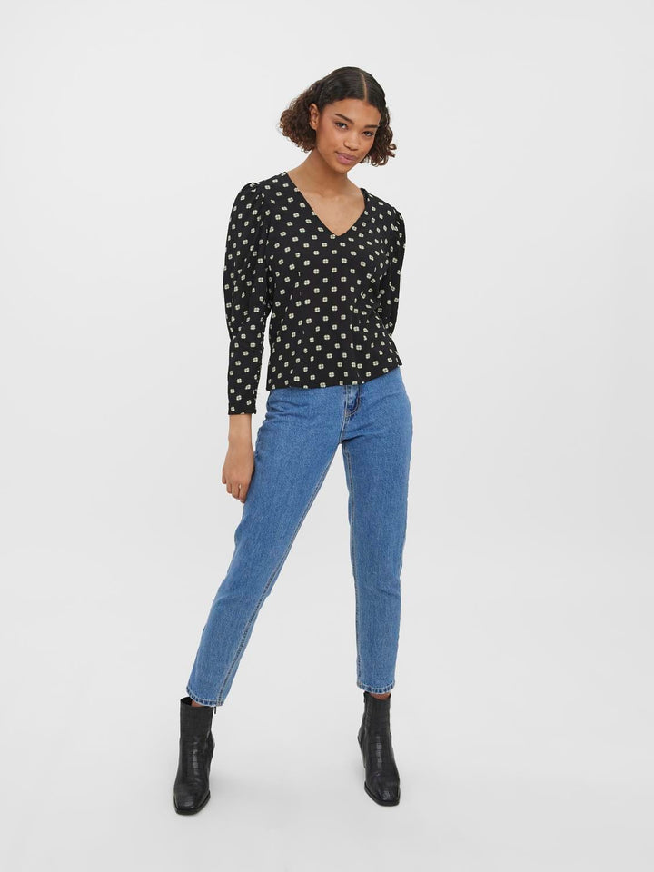 VERO MODA VMGINA LS TOP WVN zwart dessin – damesblouse