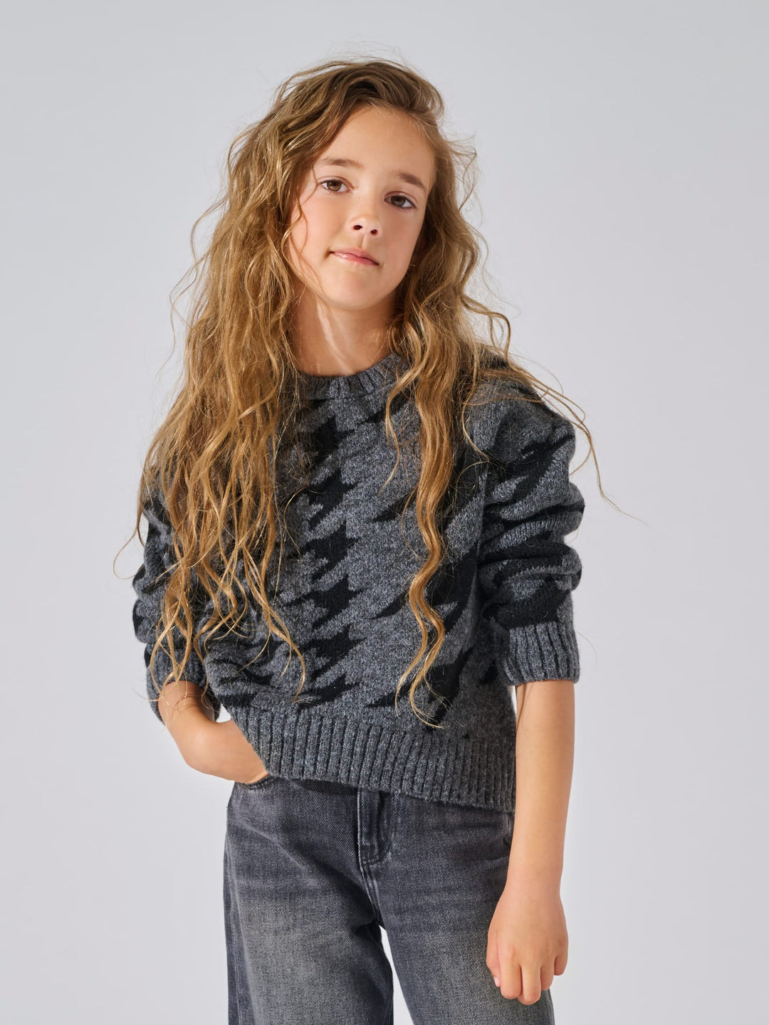 Kids Only KOGPEPPY LS JQ ONECK KNT trui meisjes zwart dessin