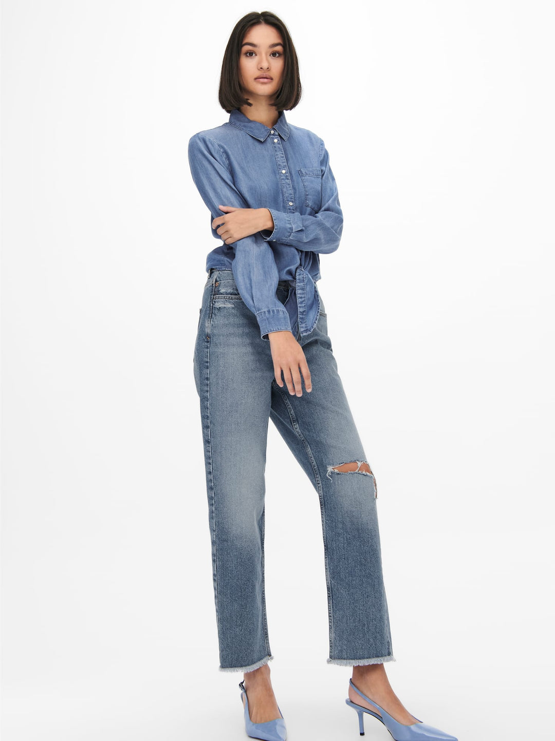 Jacqueline de Yong JDYJASPER L/S KNOT SHIRT – dames blouse - Blue Denim