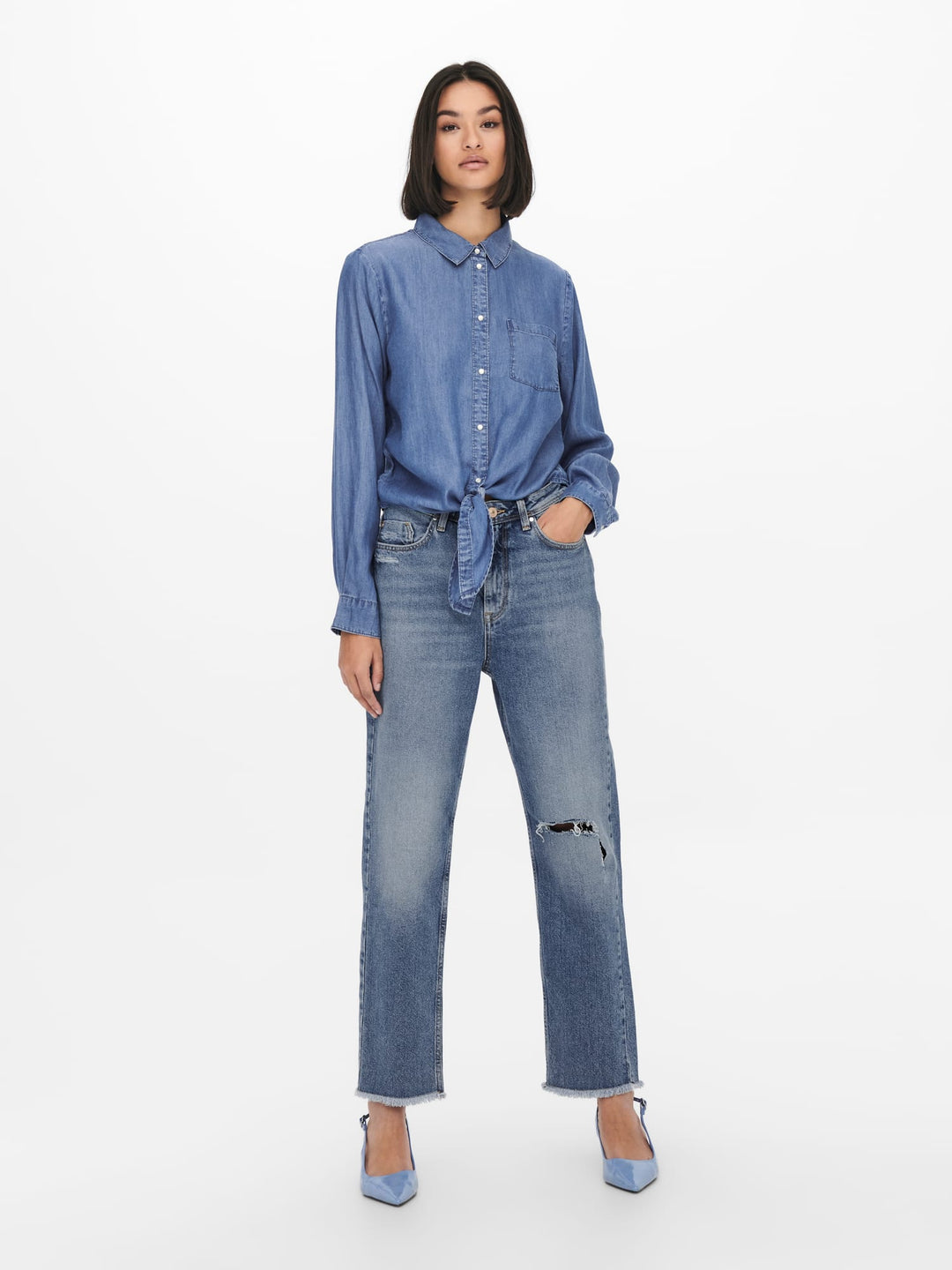Jacqueline de Yong JDYJASPER L/S KNOT SHIRT – dames blouse - Blue Denim