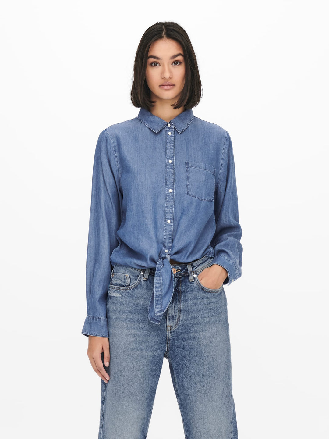 Jacqueline de Yong JDYJASPER L/S KNOT SHIRT – dames blouse - Blue Denim