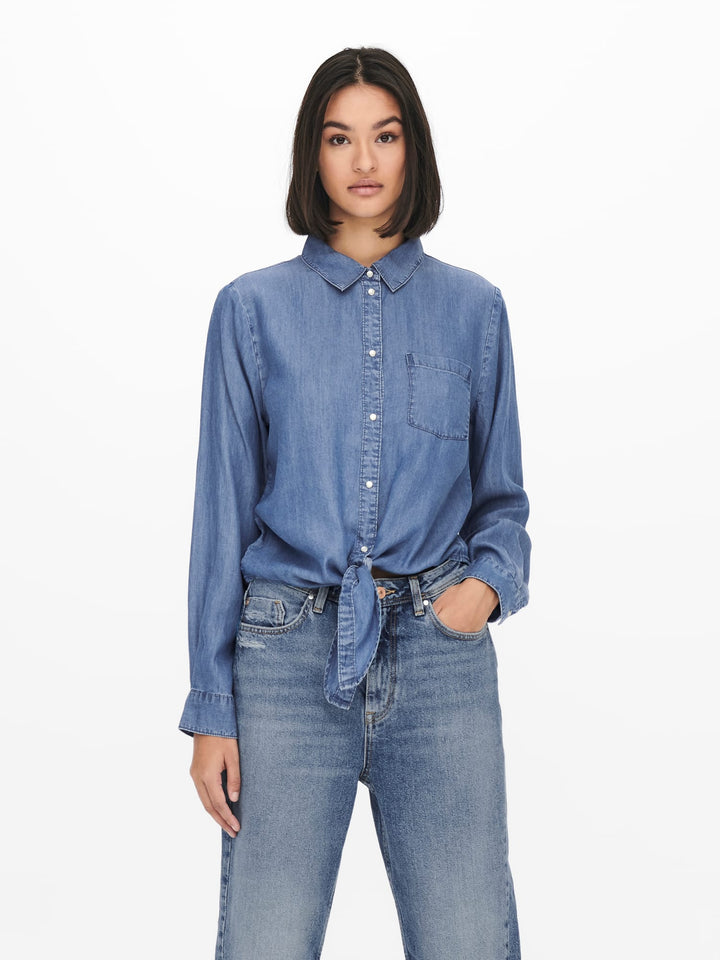 Jacqueline de Yong JDYJASPER L/S KNOT SHIRT – dames blouse - Blue Denim