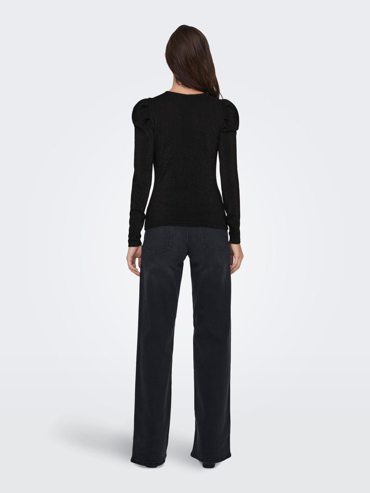 Only ONLRICH L/S GLITTER PUFF TOP - dames t-shirt zwart