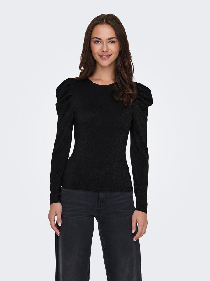 Only ONLRICH L/S GLITTER PUFF TOP - dames t-shirt zwart