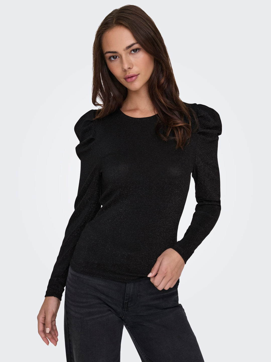 Only ONLRICH L/S GLITTER PUFF TOP - dames t-shirt zwart