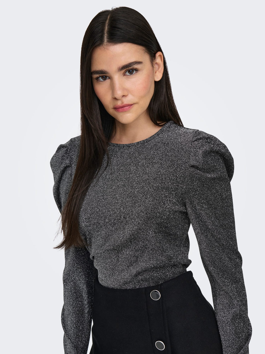 Only ONLRICH L/S GLITTER PUFF TOP – dames t-shirt - Zilverkleurig