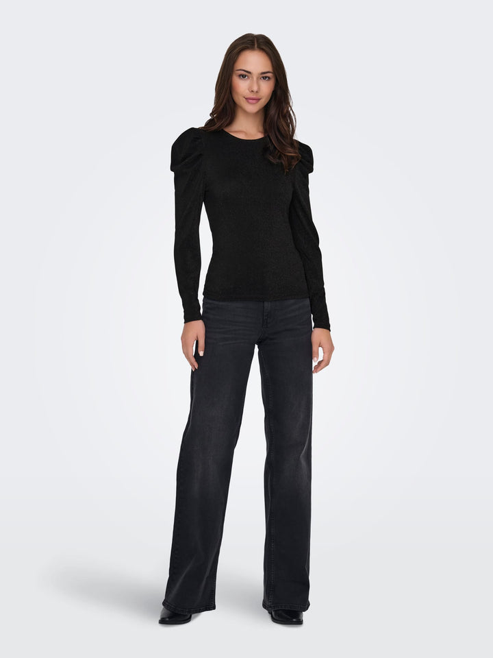 Only ONLRICH L/S GLITTER PUFF TOP - dames t-shirt zwart