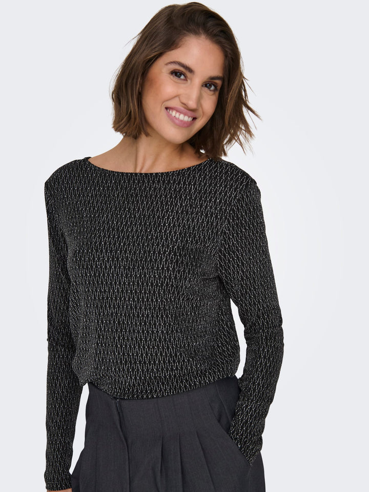 Only ONLCAROL L/S 2-WAY GLITTER MIX TOP – dames top - Zwart Dessin