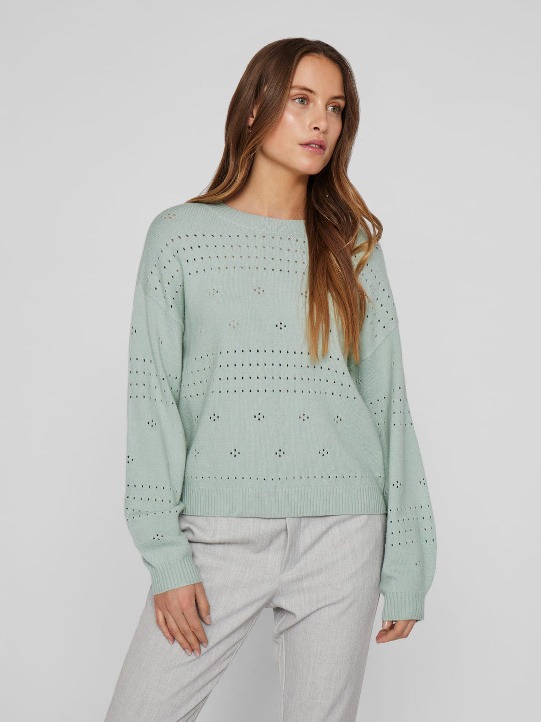 Vila VIRIL L/S O-NECK POINTELLE KNIT TOP – dames trui - Mint