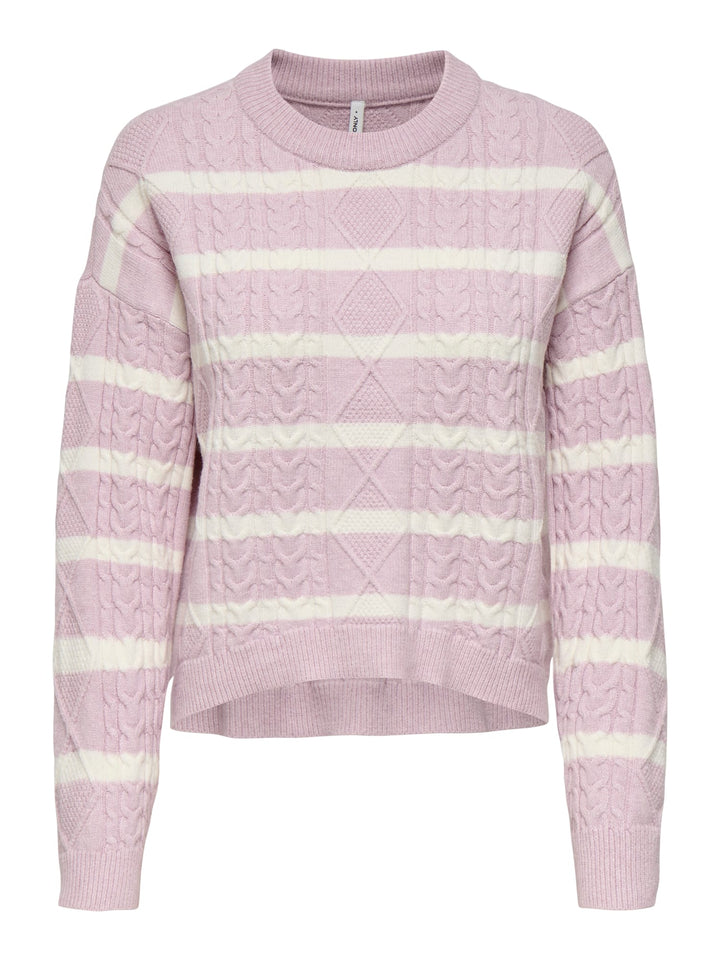 Only ONLKATIA LS Cable O-Neck Pullover – dames trui - Roze Dessin