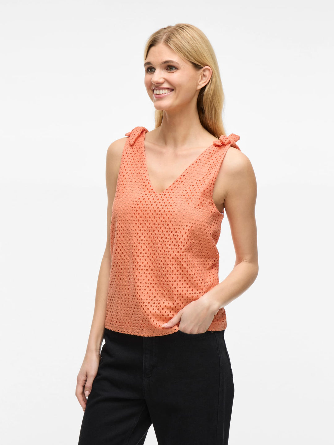 Vila VIALVADORA V-NECK S/L TOP – dames singlet - Oranje Dessin
