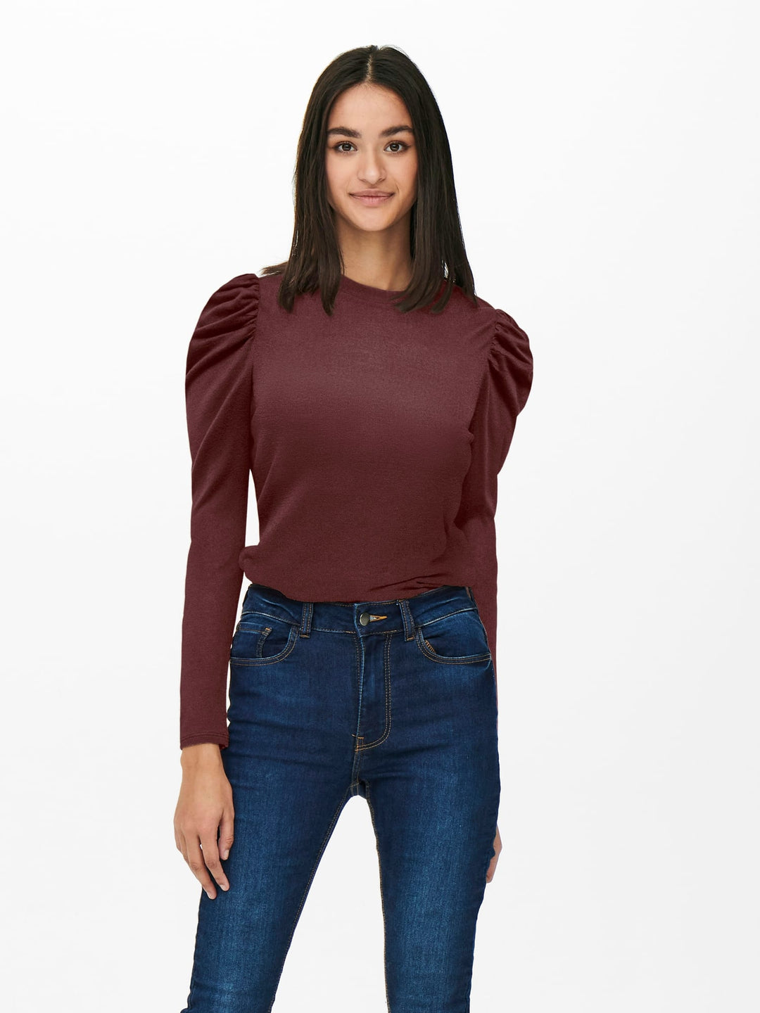 Jacqueline de Yong JDYTONSY L/S Puff Sleeve Top – dames t-shirt - Bruin Melee