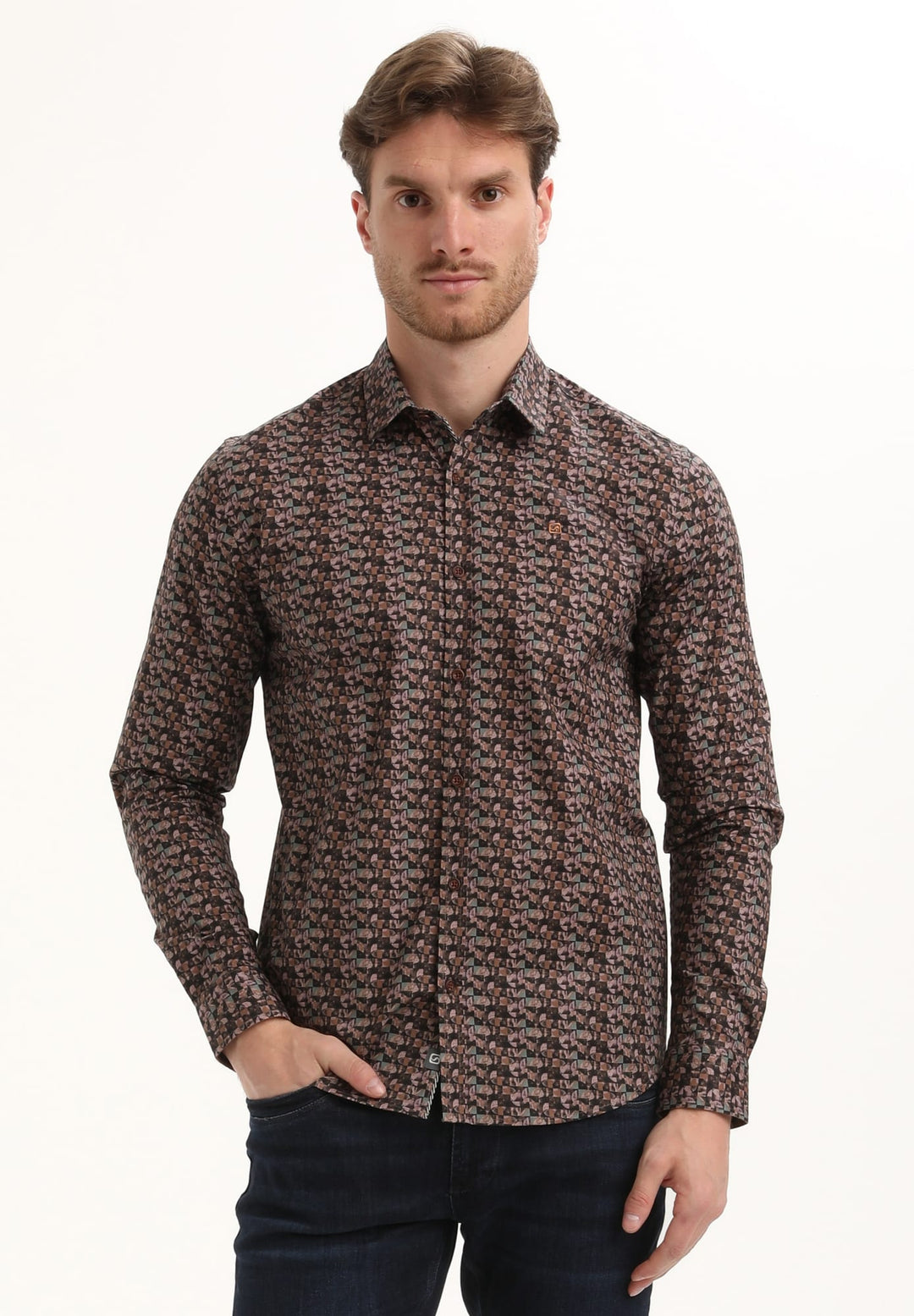 Gabbiano men 335735 overhemd l/m bruin dessin – heren