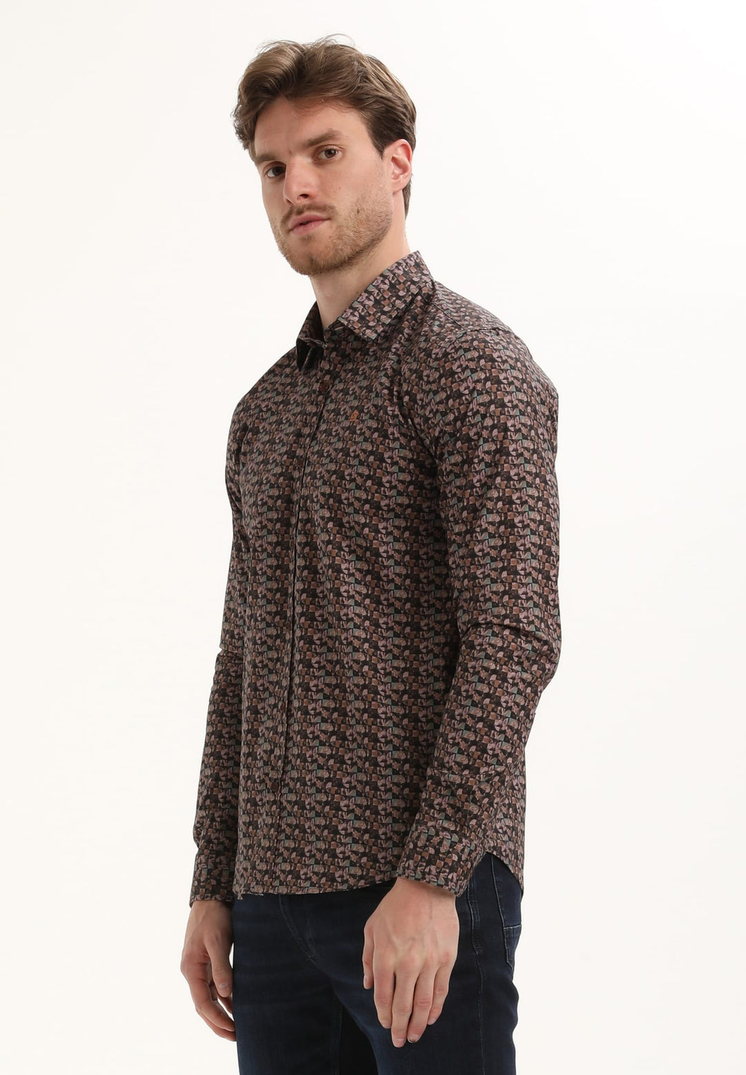 Gabbiano men overhemd l/m bruin dessin – heren