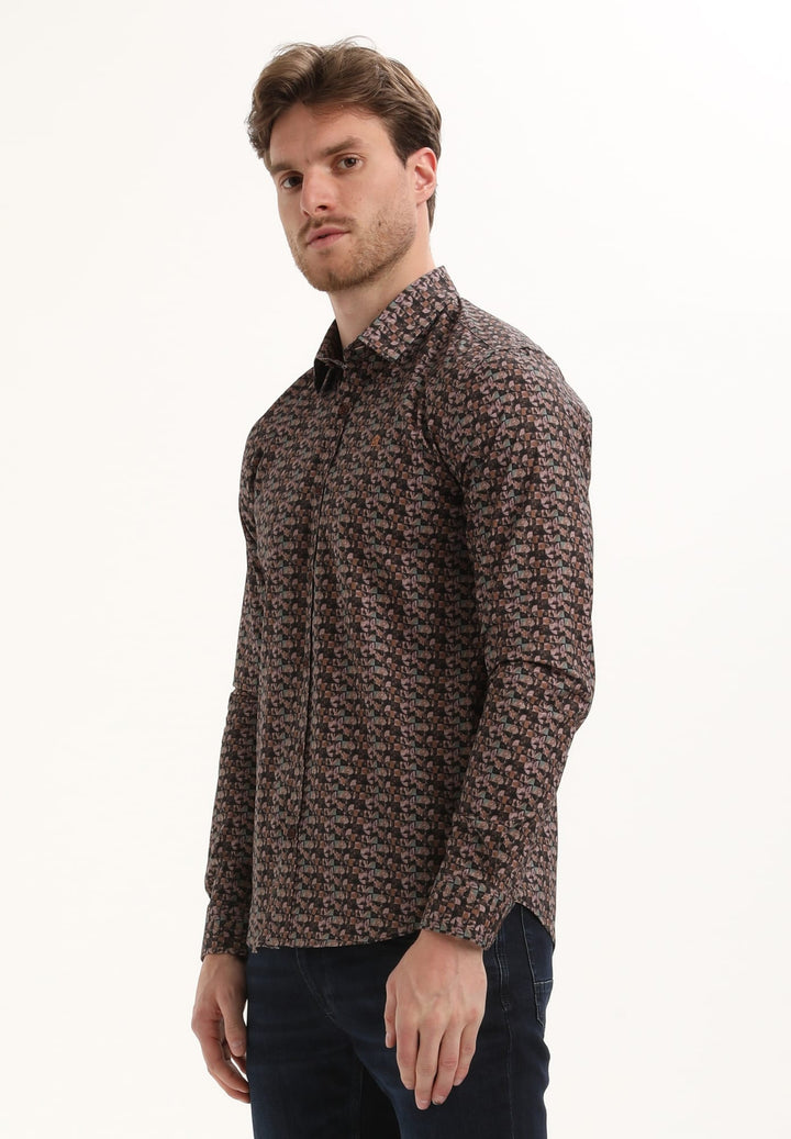 Gabbiano men overhemd l/m bruin dessin – heren