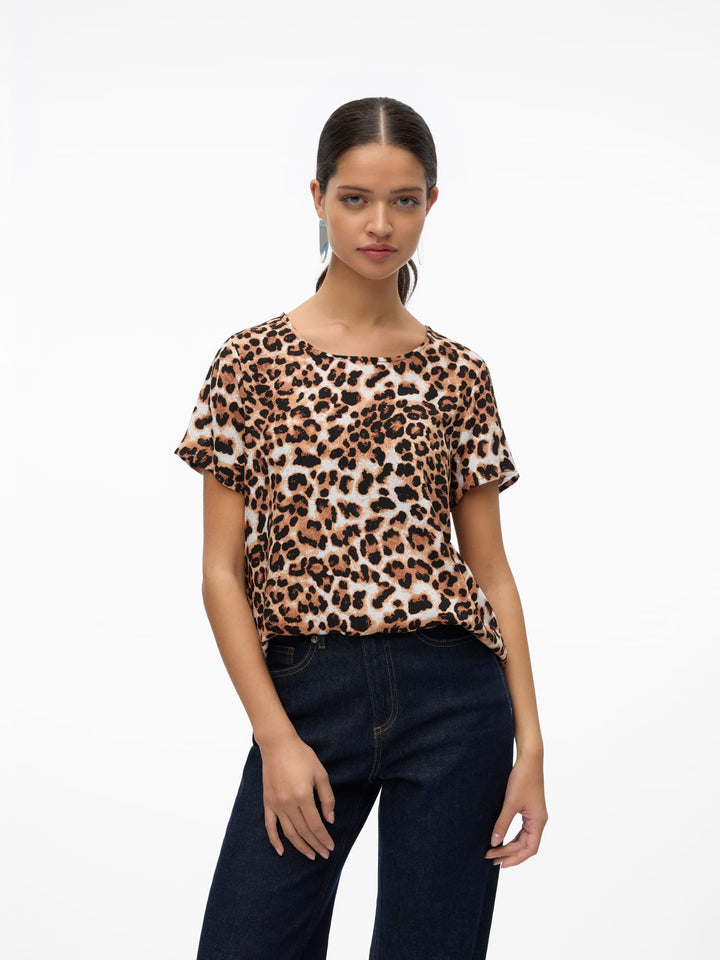 VERO MODA VMEASY JOY S/S TOP – dames top bruin dessin