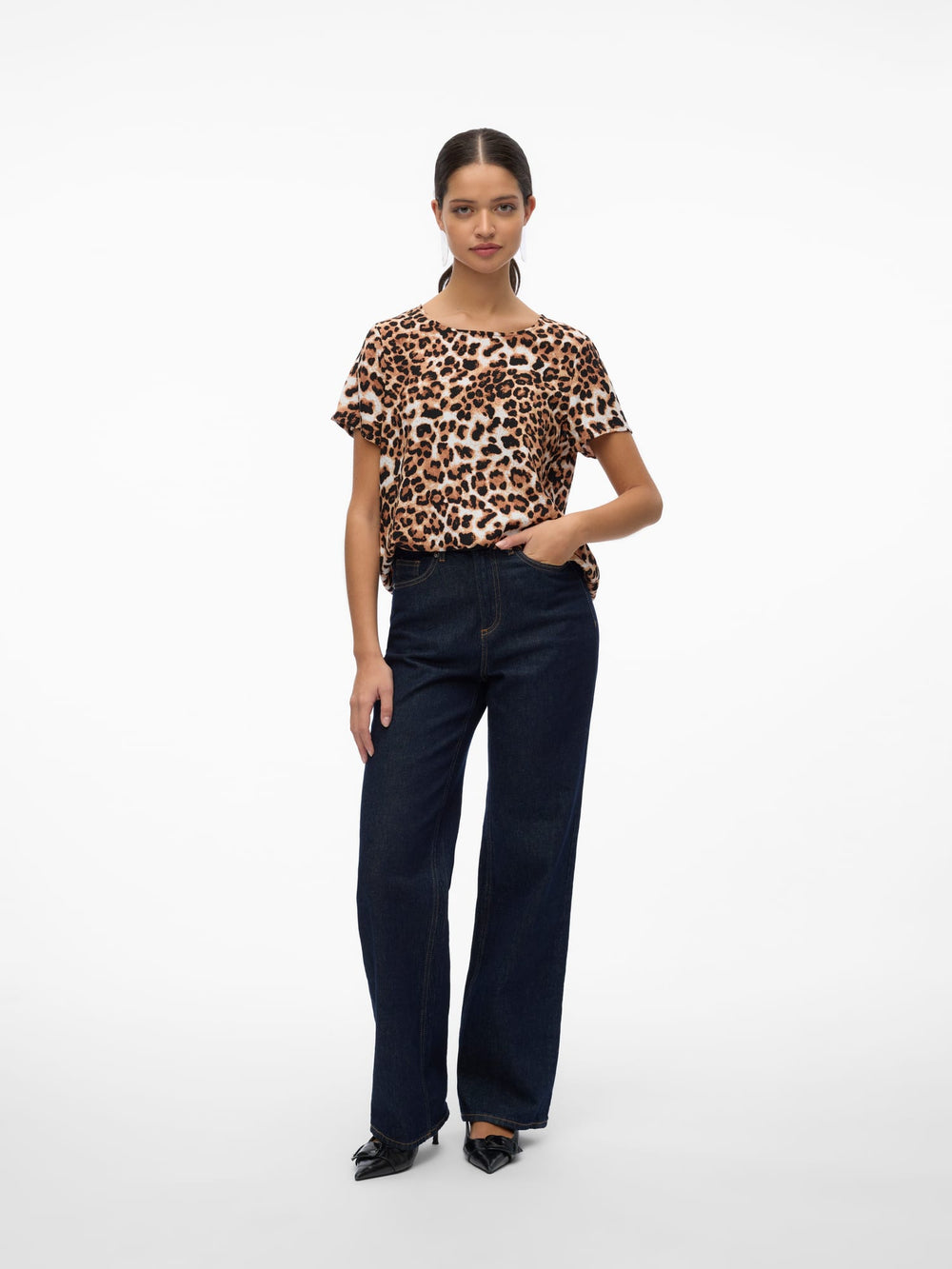 VERO MODA VMEASY JOY S/S TOP – dames top bruin dessin