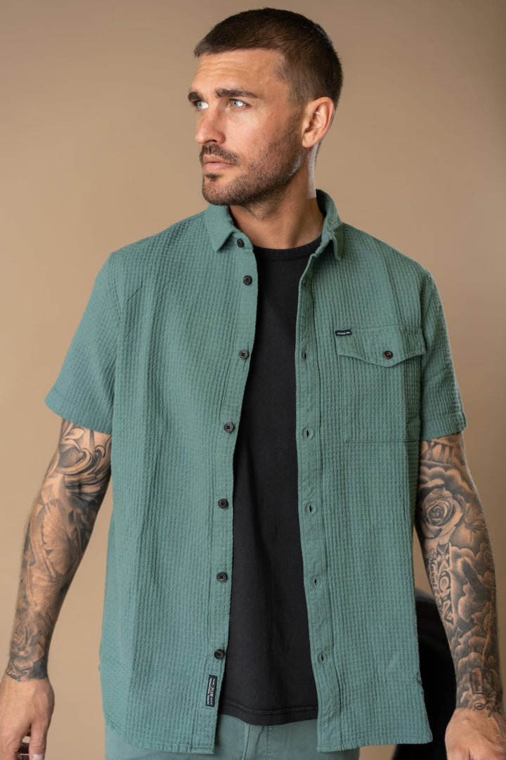 Petrol men M-1060-SIS409 overhemd k/m – heren - Oud Groen