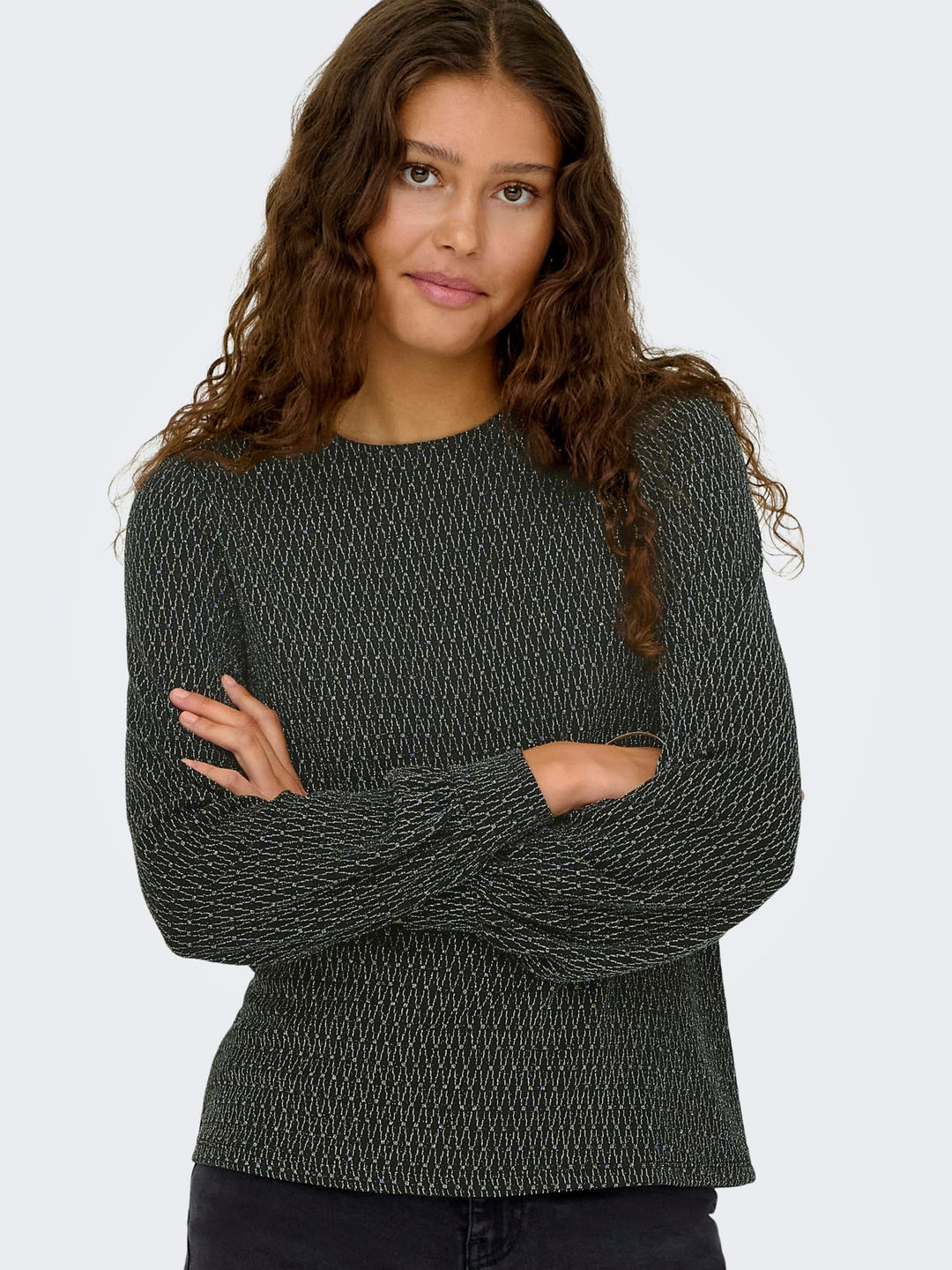 Only ONLCAROL L/S GLITTER BOW TOP BOX JRS – dames blouse - Zwart Dessin