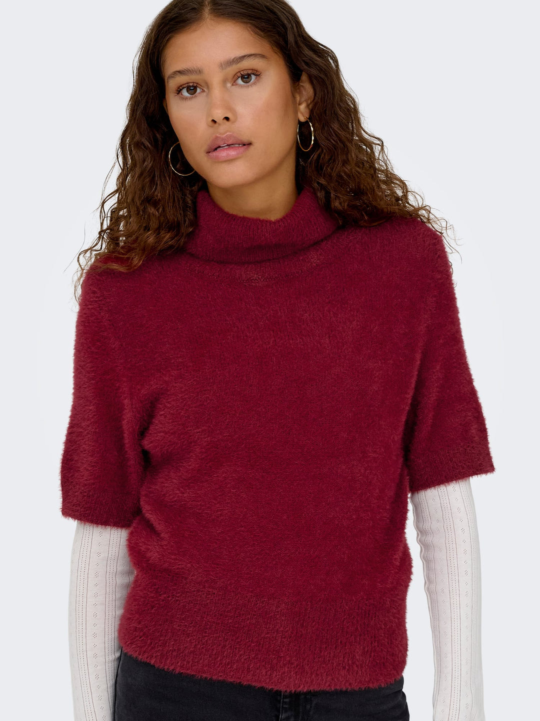 Only ONLPIUMO SS HIGHNECK KNT wijnrood – dames top