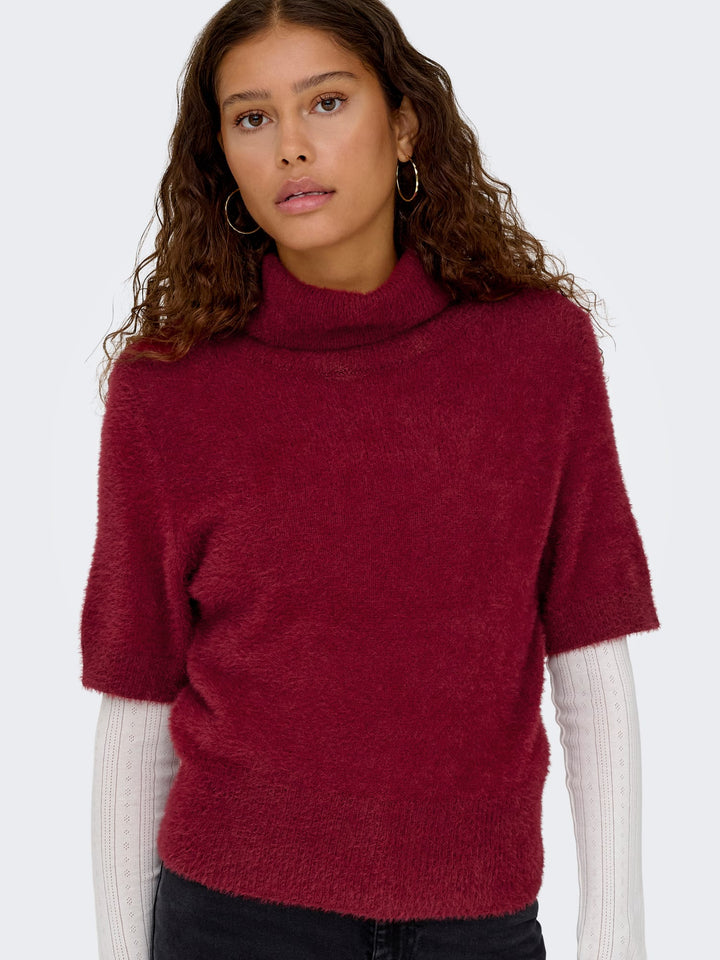 Only ONLPIUMO SS HIGHNECK KNT wijnrood – dames top