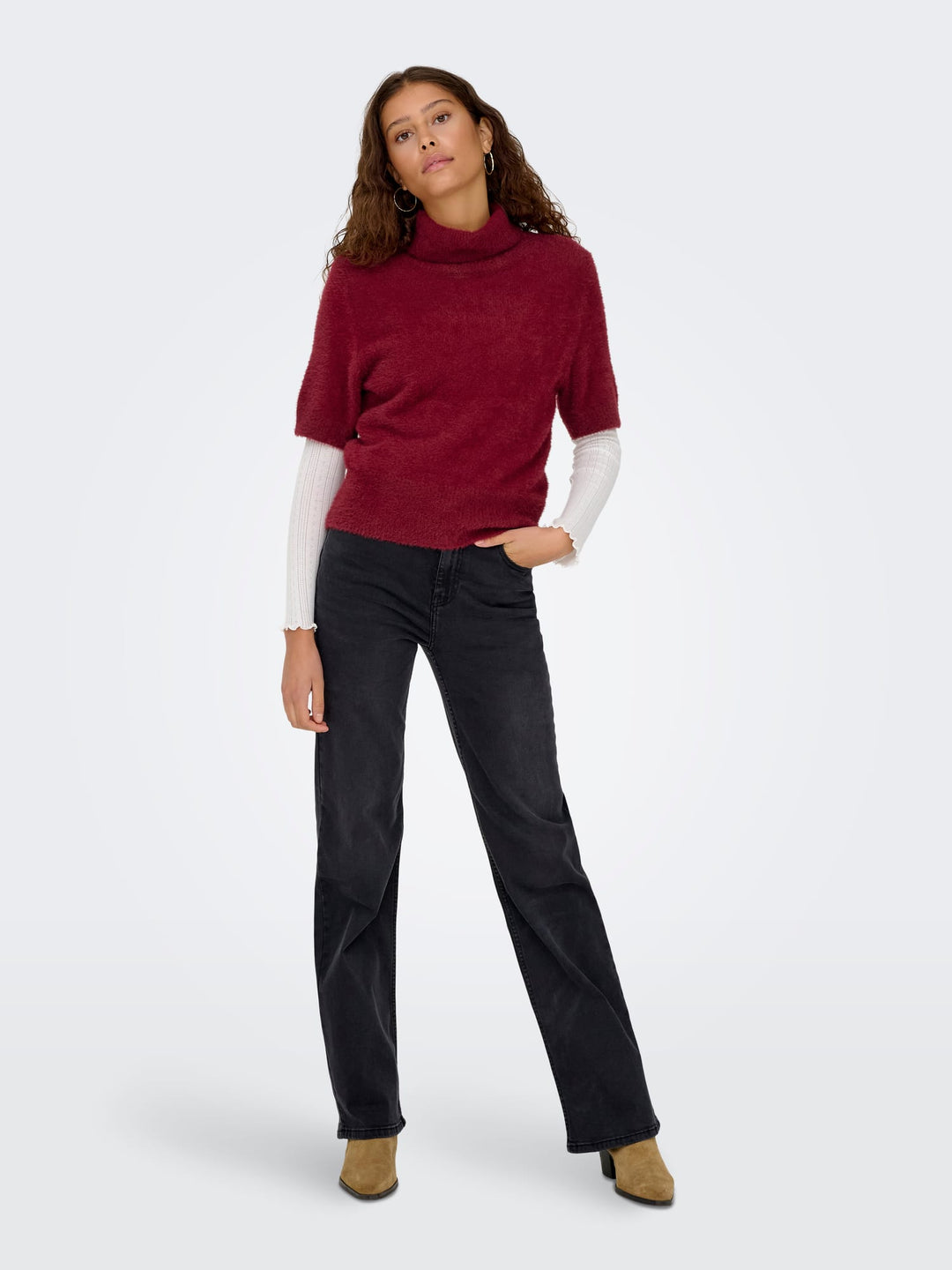 Only ONLPIUMO SS HIGHNECK KNT wijnrood – dames top