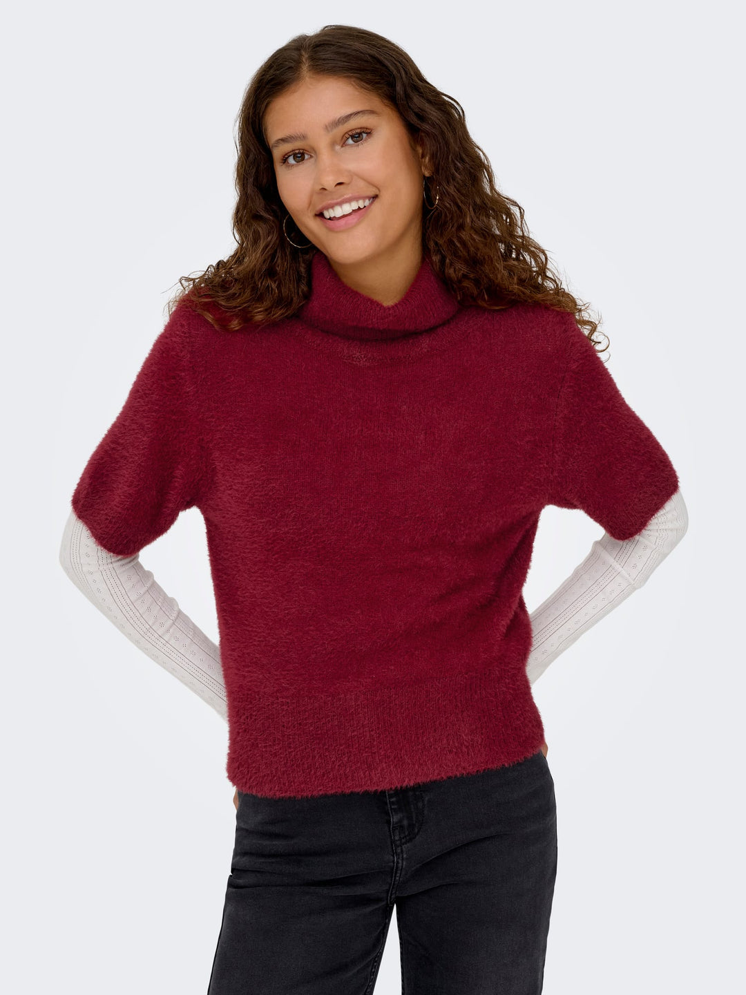 Only ONLPIUMO SS HIGHNECK KNT wijnrood – dames top