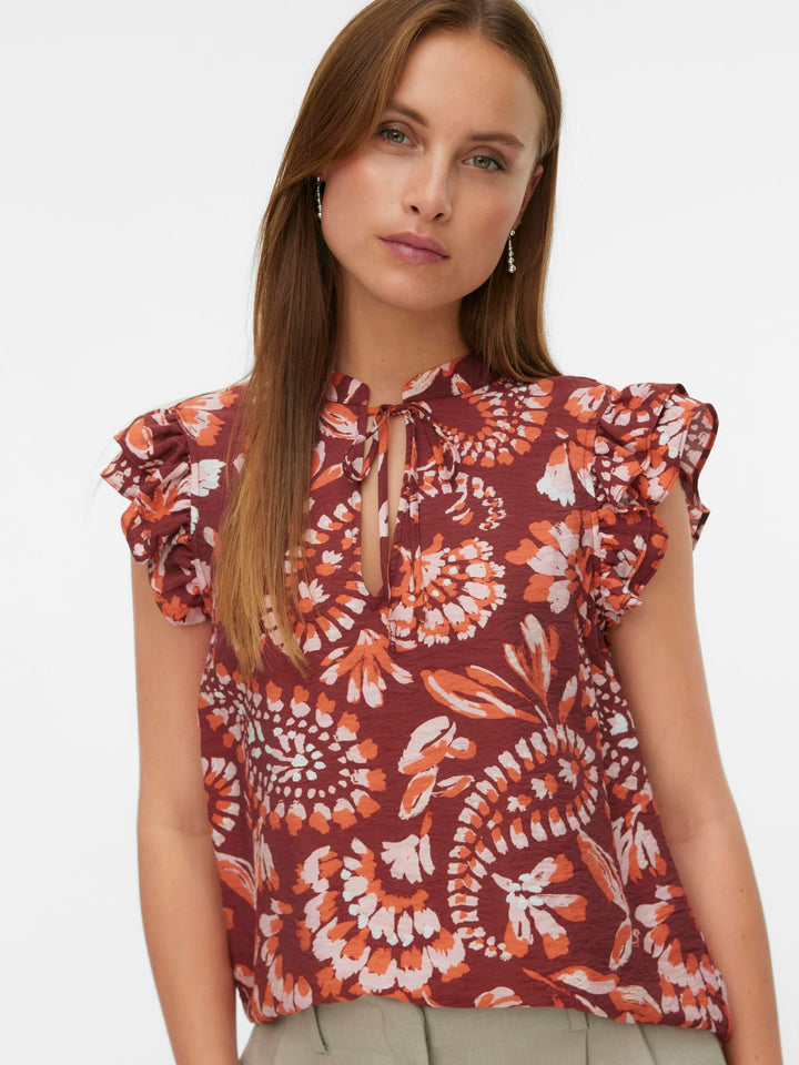 VERO MODA VMNELLIE CARLA SL FRILL TOP – dames top - Rood Dessin