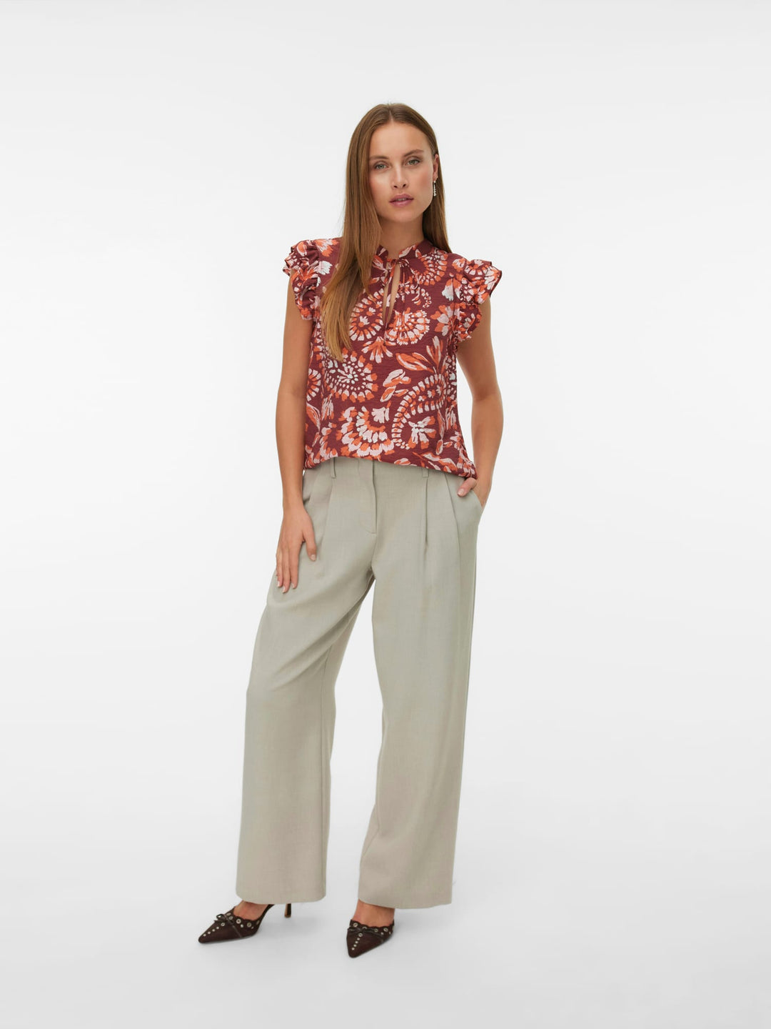 VERO MODA VMNELLIE CARLA SL FRILL TOP – dames top - Rood Dessin
