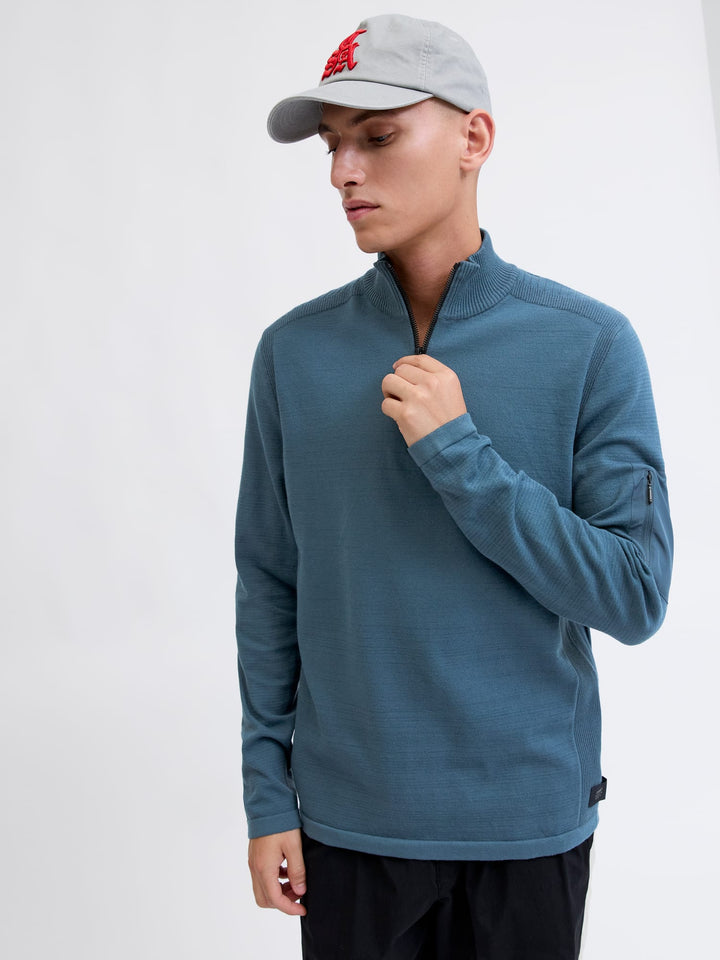 Jack & Jones JCOMACE KNIT HALF ZIP SMU trui heren - petrol blauw