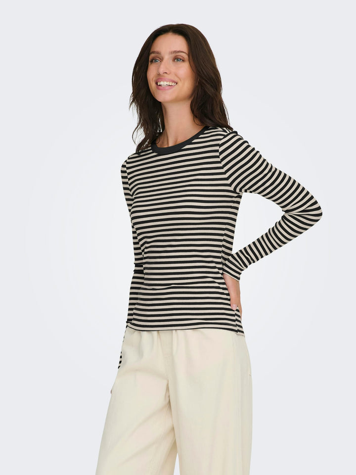 Only ONLELENE L/S FITTED TOP JRS zwart dessin – dames t-shirt