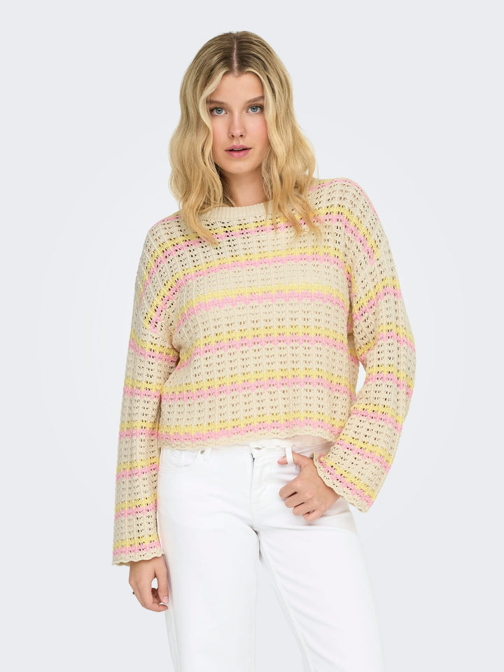 Only ONLASA LS O-NECK KNT NOOS trui zand dessin – dames