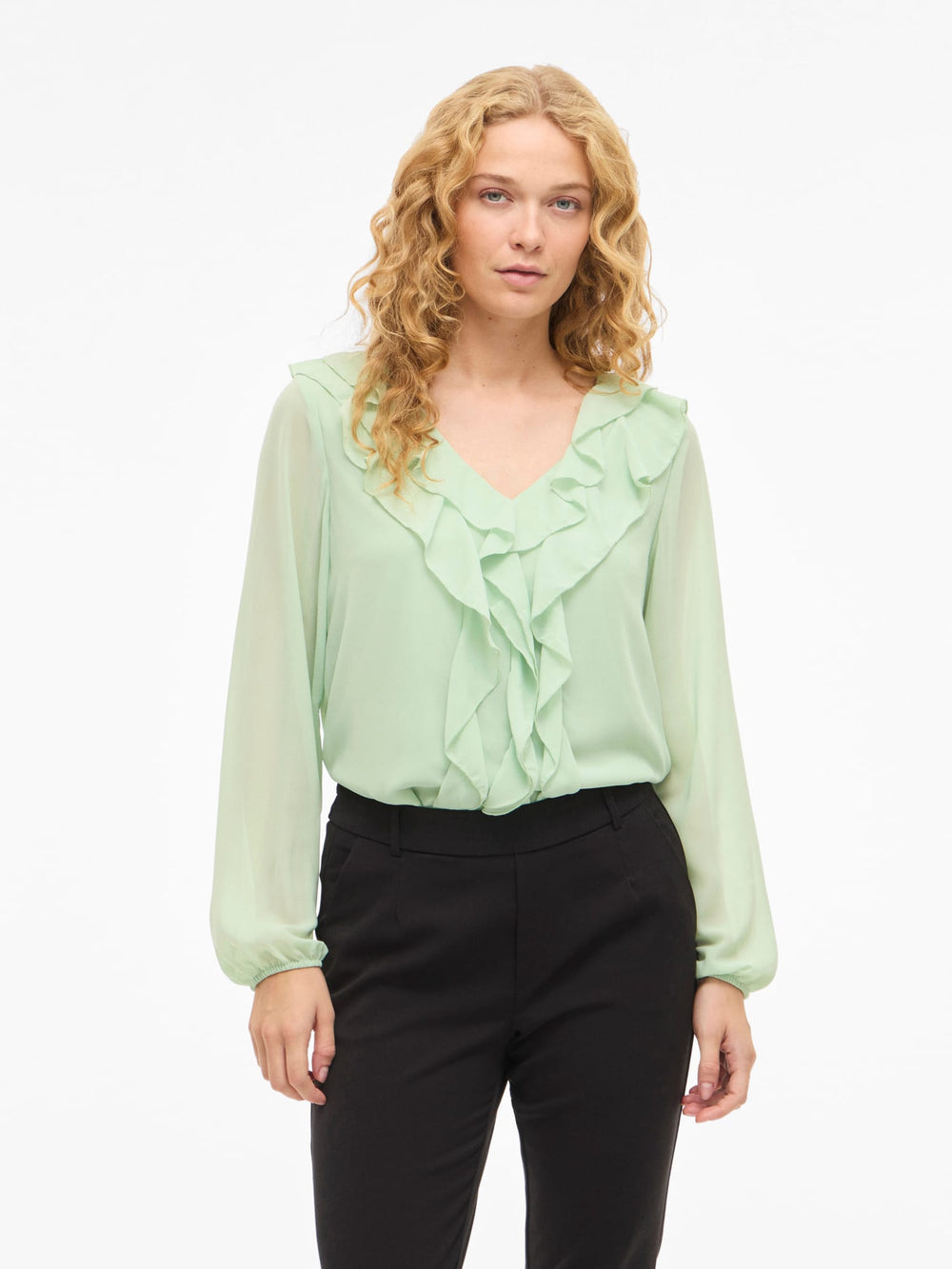 Vila VIANE L/S V-NECK FRILL TOP mint – dames blouse