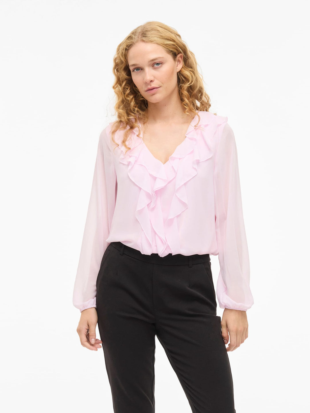 Vila VIANE L/S V-NECK FRILL TOP - licht roze damesblouse