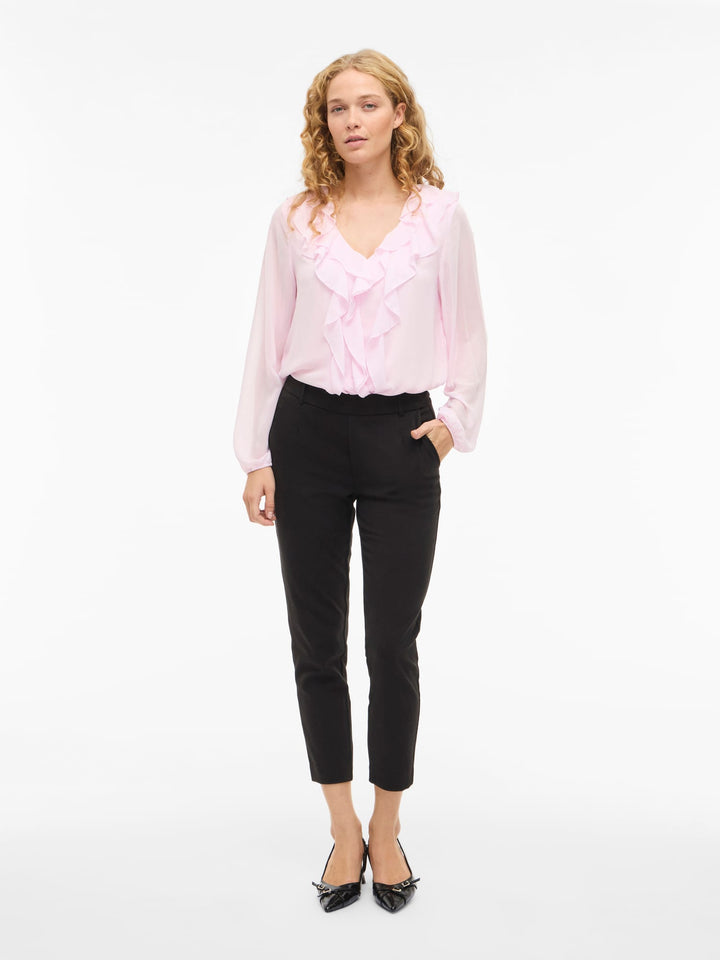 Vila VIANE L/S V-NECK FRILL TOP - licht roze damesblouse