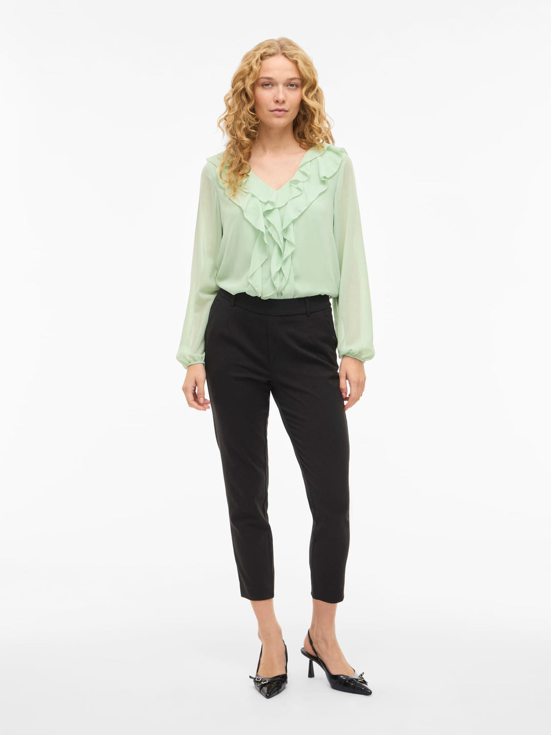 Vila VIANE L/S V-NECK FRILL TOP mint – dames blouse