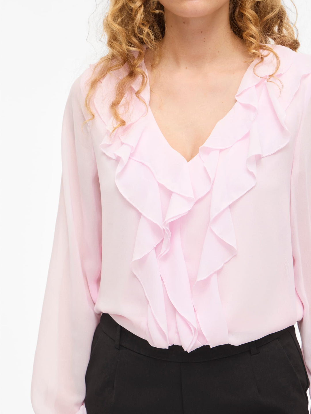Vila VIANE L/S V-NECK FRILL TOP - licht roze damesblouse