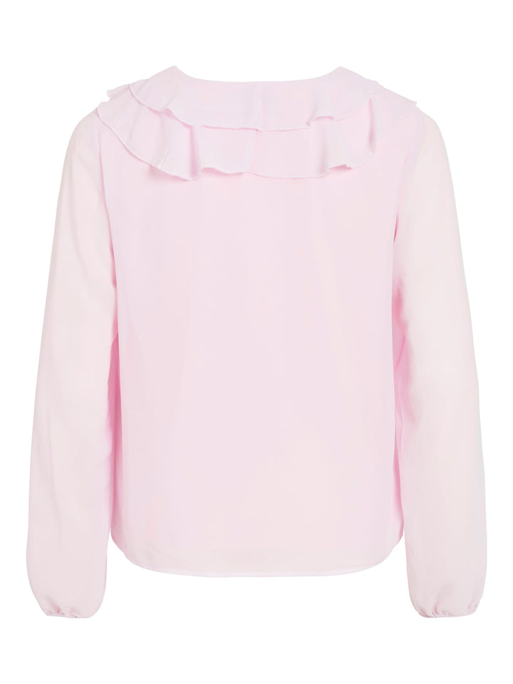 Vila VIANE L/S V-NECK FRILL TOP - licht roze damesblouse