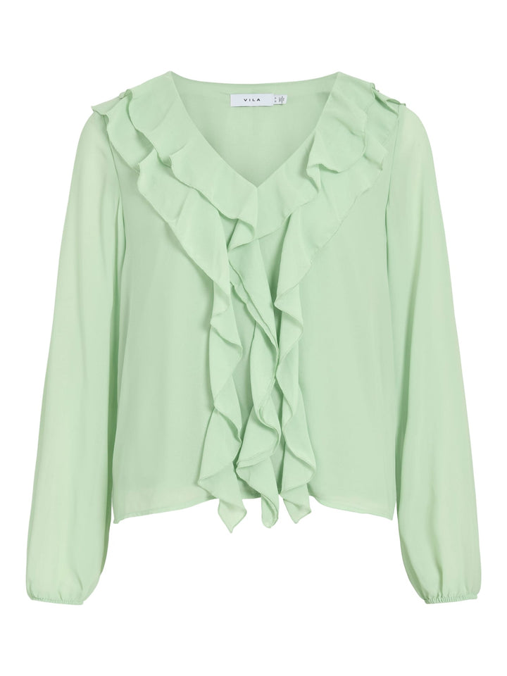 Vila VIANE L/S V-NECK FRILL TOP mint – dames blouse